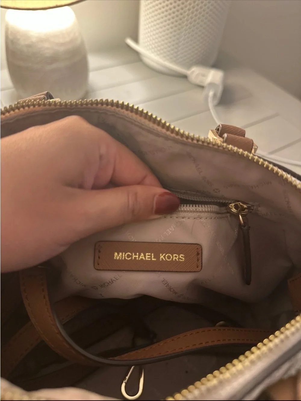 Michael Kors Cream Logo and Brown Leather Satchel